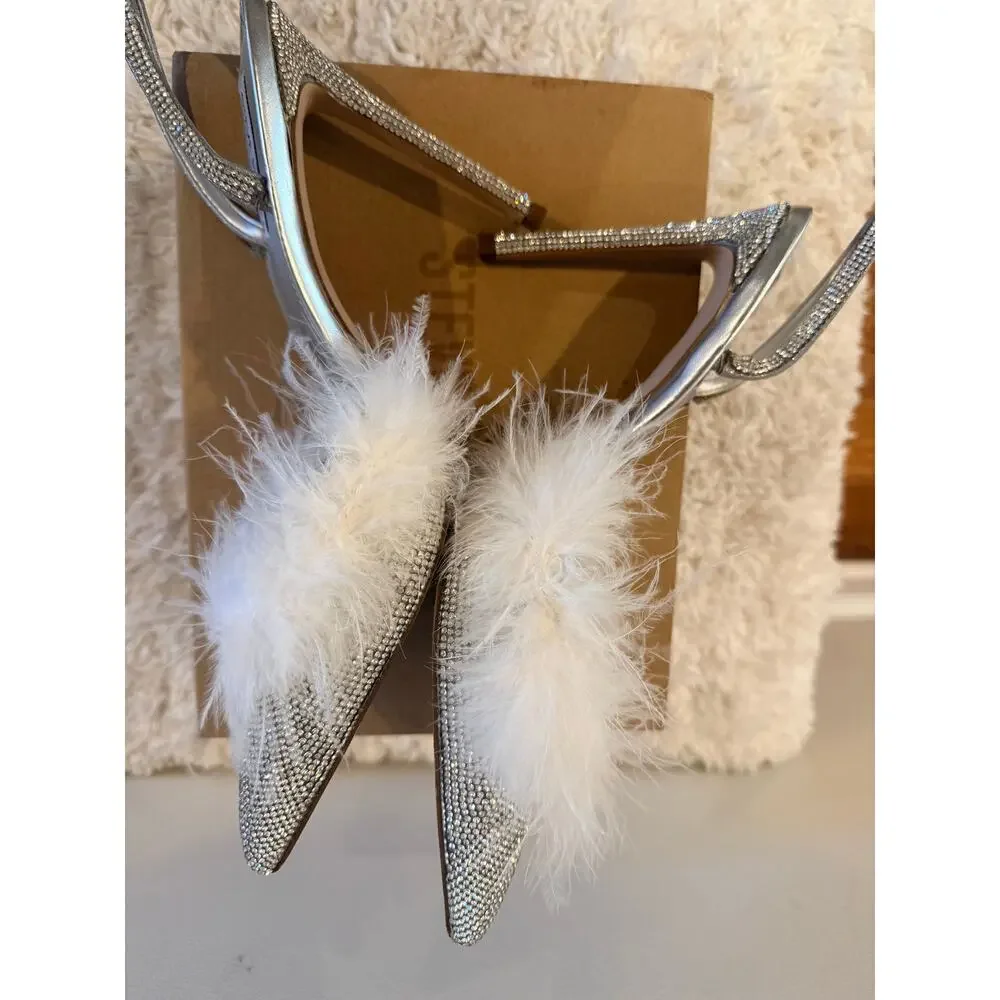 Steve Madden Silver Rhinestone Slingback Pumps with White Feather Trim Size 11 - Picture 7 of 9